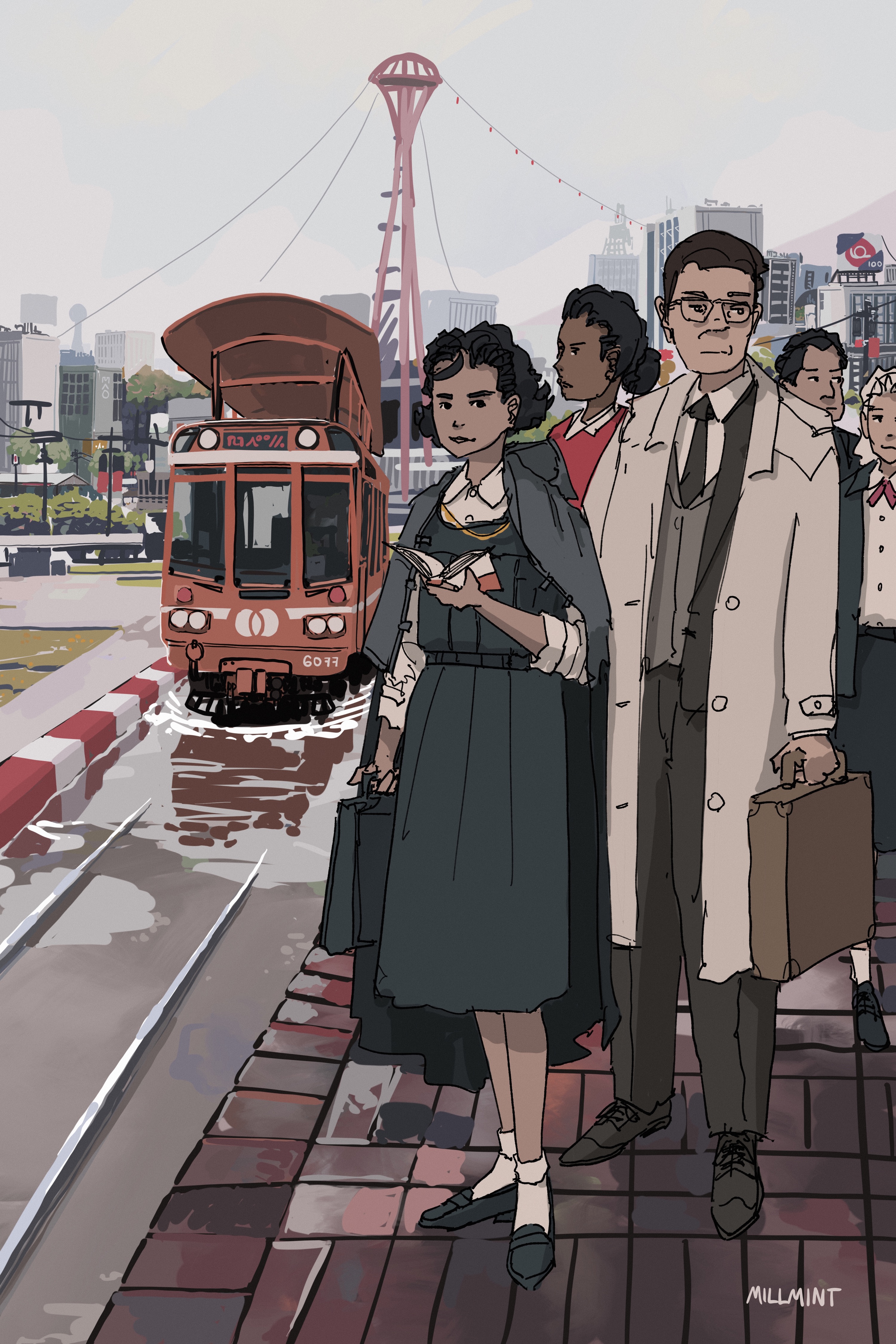 Image of Tzipora and strangers waiting for a tram on a misty day